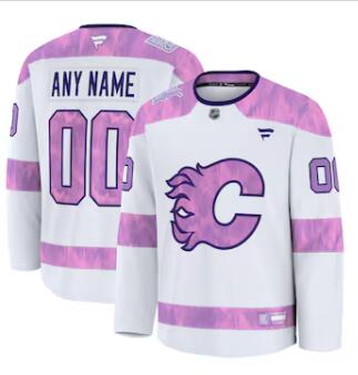 Men's Calgary Flames Custom Fanatics White 2024 Hockey Fights Cancer Practice Jersey